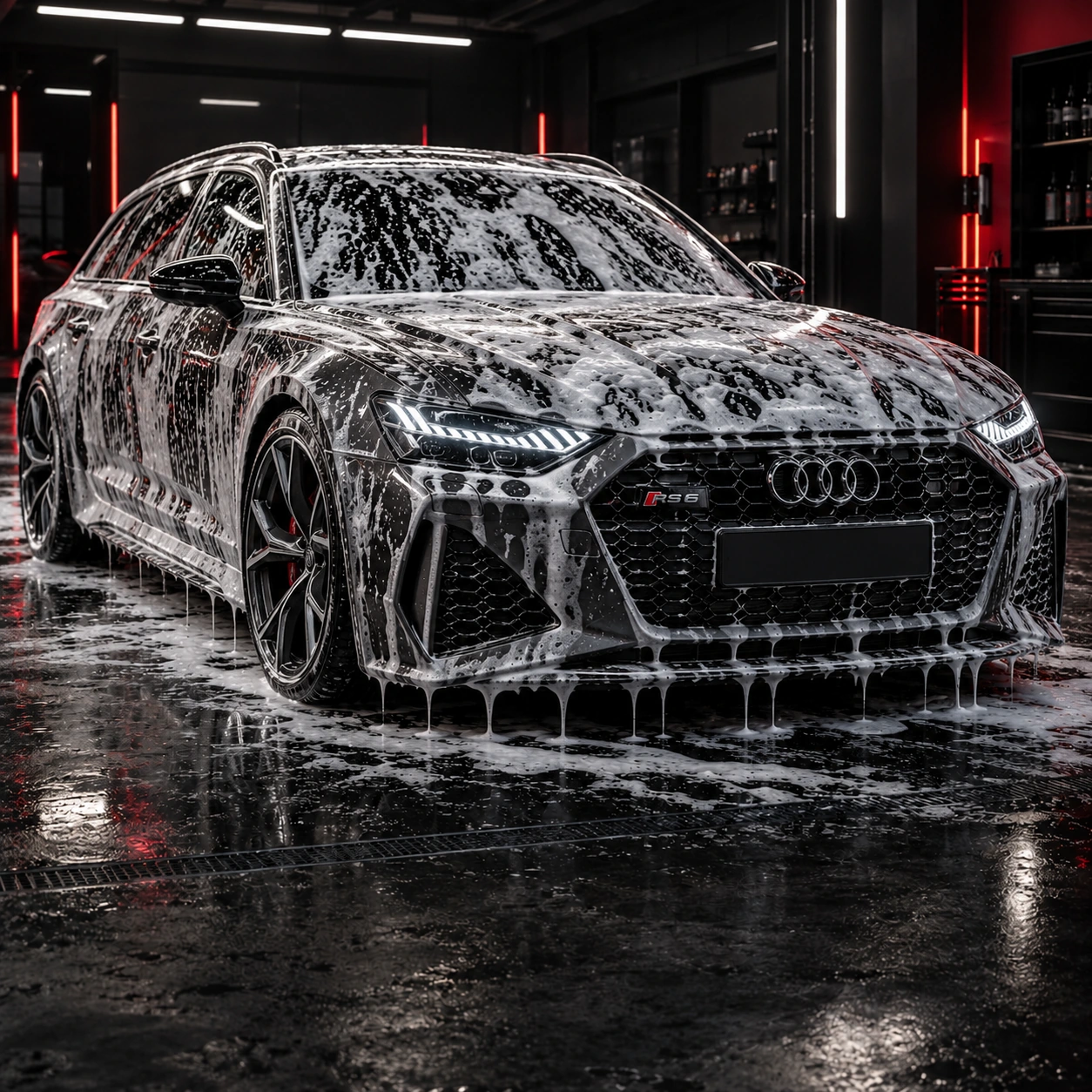 Grafika usługi: Audi RS6 Avant C8 podczas mycia aktywną pianą w studiu detailingu.